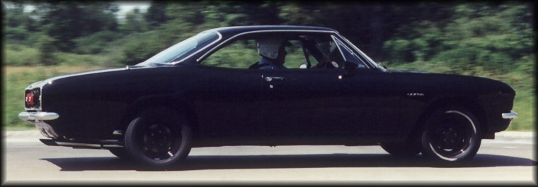 Chuck Armer's '65 Corvair Darth Vair at speed